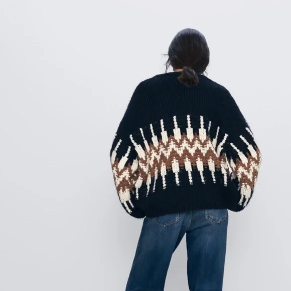 NWT ZARA BALLOON SLEEVE JACQUARD navy blue SWEATER - Picture 2 of 3